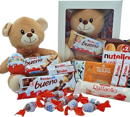 Caja Regalo Chocolate Kinder - Nutella - Raffaelo con Osito de Peluche. Regalo Original con Chocolate para Aniversarios, San Valentin. [IAMI] (Osito Marron)