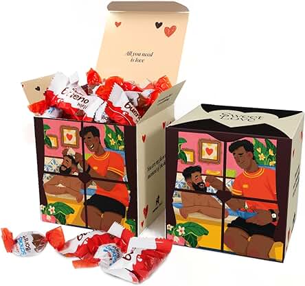 Caja Regalo de Chocolate para Parejas gay gama Sweet Love I Regalo Original para Navidad Cumpleaños Aniversario Novios – Caja Super Resistente – Incluye Kinder mini y Shoko Bons – Regalos para Él