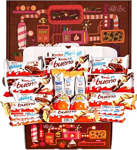 Caja Regalo de Chocolates Original para Cumpleaños Navidad Niños: Kinder Bueno Chocolate y Blanco, Happy Hippo, Kinder Maxi, Delice, Kinder Joy o Sorpresa I Pack caja Regalo de Cumpleaños