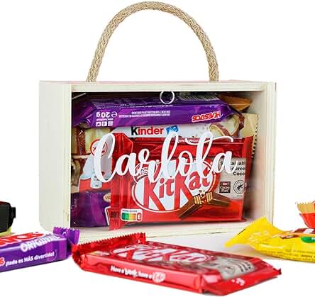 Caja Regalo Personalizado Madera Chocolatinas Kinder M&M Huesitos kit kat Bueno Choco