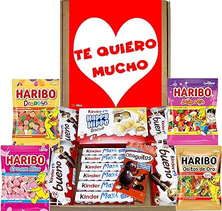 Caja San Valentín Kinder y Haribo - Especial Día de Los Enamorados - Incluye Kinder Bueno, Kinder Hippo, Gominolas Haribo, Kinder Chocolate. Lleva una Bonita Ilustración. Regalo para Novios