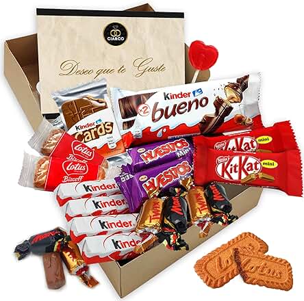 Cajita Regalo Original con 17 Chocolates Kinder Bueno, Kinder Cards, Kinder Chocolate, Twix, Mars, Kit Kat, Huesitos, Galleta Lotus Biscoff y Mucho Más · Con Tarjeta Personalizada