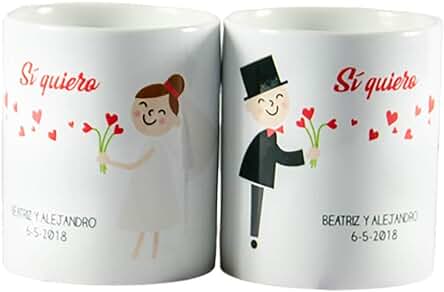 Calledelregalo Regalo Personalizable para Novios: Pack de Tazas 'Sí Quiero' Personalizadas con Sus Nombres y Fecha de la Boda