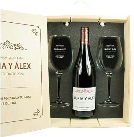 Calledelregalo Regalo Personalizado para Parejas: Kit con Botella de Vino + Copas de Vino + Caja de Madera, Todo ello Personalizable con Nombres, Fecha y Dedicatoria