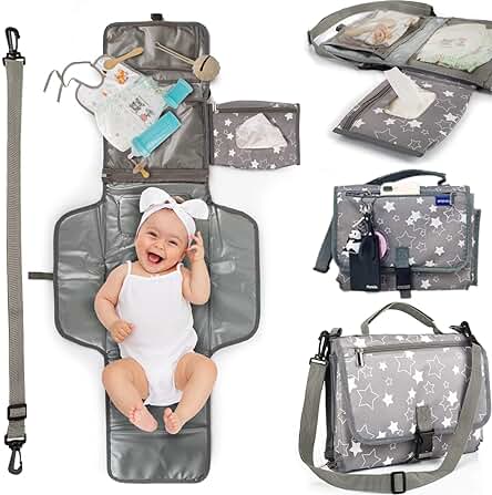 Cambiador Bebe Portatil Premium + Cinta Ajustable de Regalo. Cambiador Bebe Plegable Ideal para Regalos Bebes Recien Nacidos Originales. El Cambiador Bebe de Pañales es Impermeable con 6 Bolsillos.