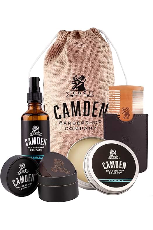 Camden Barbershop Company CAMDEN Kit para el Cuidado de la Barba para Hombre ● Set que Incluye un Aceite, un Bálsamo, un Cepillo y un Peine ● Regalos Originales