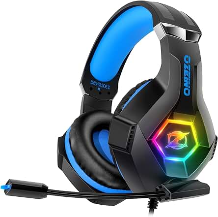 Cascos Gaming, Auriculares Gaming con Micrófono Rotatorio, Luz RGB, Premium Stereo, Orejeras Ligero Cómodo, para PS4 PS5 Xbox PC Switch Tableta Laptop