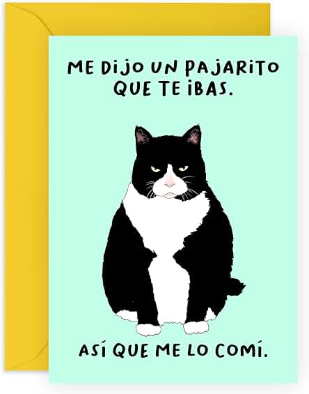 Central 23 Divertida Tarjeta de Felicitación para Mujer, Hombre- un Pajarito. que te ibas - Tarjeta de Despedida para Hijo o Hija - Tarjeta de Nuevo Trabajo - Diseño de gato - con Pegatinas