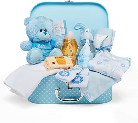 Cesta de Bebé Recién Nacido Niño Estilo Maletín – Caja de Recuerdos de Bebé Azul con Osito, Muselina, Ropa y Otras Cosas de Bebé Esenciales - Cesta de Bebé para Baby Shower