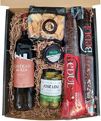 Cesta Gourmet con Vino Castillo de Aza, Embutidos Ibéricos, Aceitunas, Queso y Picos Deliex. Un Lote Gourmet para Regalar en Cumpleaños, día del Padre o de la Madre, Navidad o por Agradecimiento