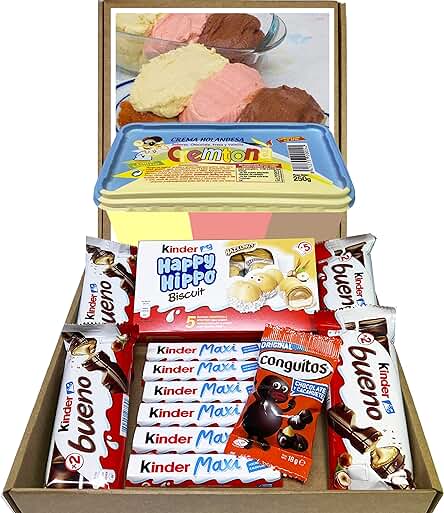 Cesta Regalo Kinder Chocolate y Crema 3 Sabores, Recuerda Años 80s, Regalo Original, Kinder Bueno, Barritas Kinder Chocolate, Kinder Happy Hippo, 1 Crema Fresa, Choco y Vainilla Cremtona, 1 Conguitos