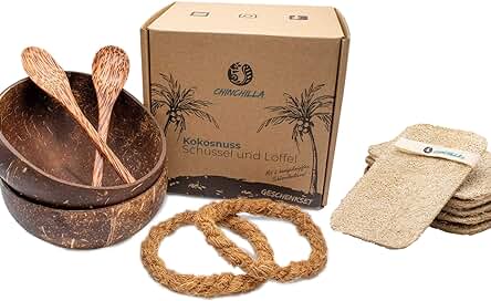 Chinchilla® Set de 2 Cáscaras de coco + Esponja de lufa | Cáscara de coco Natural | Esponja de Cocina de lufa Sostenible | Lavable y Reutilizable | Sostenible y Vegano