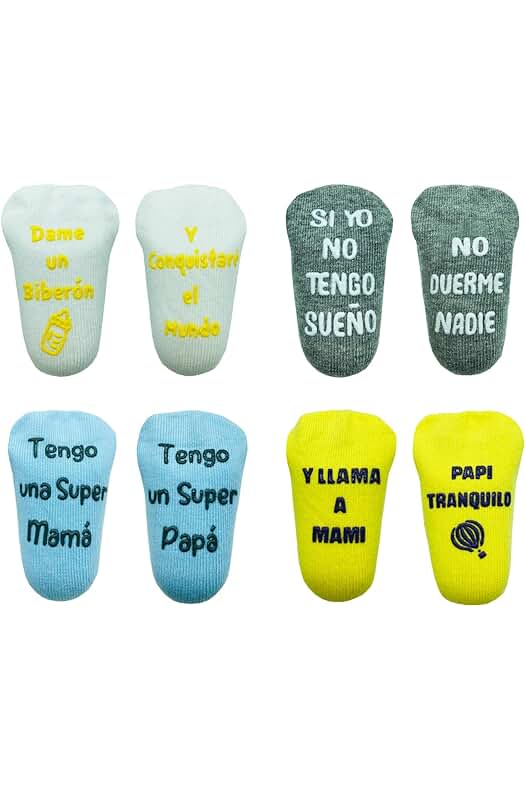 Cincobebé Juego de Calcetines Antideslizantes para Bebé/Recién Nacido,con Frases en Español Divertidas Lindas,Apto para Todas las Estaciones,4 Pares,0-6 Meses/6-24 Meses,Unisex,Caja Regalo