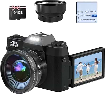 Cámara Digital, CCN 4K 48MP Cámara de Fotos con 180 ° Flip 3.0 "de Pantalla, 16X Zoom Digital Cámara Compacta con Lente Gran Angular y Lente Macro, 64GB Tarjeta TF, WiFi Funcionalidad, Negro
