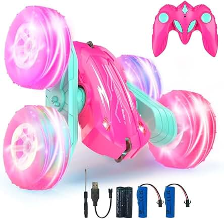 Coche Teledirigido,Coche AcrobáTico Camiones 360 Grados De RotacióN,Juguete Niño Regalo 3 4 5 6 7 8 9 12 Años Niña 2.4Ghz Niños Coche Teledirigido con Luces Incluye Batería Recargable (Rosa)