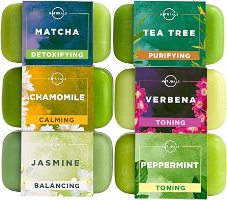 Colección O Naturals de 6 Jabones Naturales con Té Verde Hierbas y Aceites Esenciales Limpiador Hidratante Cara, Cuerpo y Manos Set de Regalo de Aromaterapia Anti Acné Vegano. Hombres y Mujeres 680gr