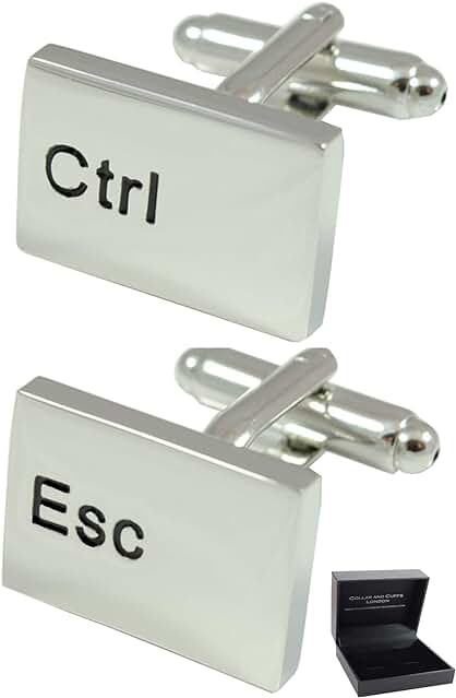 COLLAR AND CUFFS LONDON - Gemelos con Caja DE Regalo - Ctrl Esc Teclado De La Computadora - PC - Latón - Color Plata - Informática - Ordenador - Rectángulo Moderno Lisos