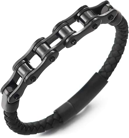 COOLSTEELANDBEYOND Acero Bike Chain Cadena Bici Motocicleta Pulsera, Negro Cuero Trenzado Brazalete de Hombre, Cierre Mosquetón