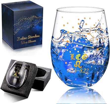 Copa de Vino Zodiaco Regalo Cumpleaños Signo Astrología Regalo de Vino Horóscopo sin Tallo Vaso de Constelación 18 oz de Impreso Oro Diamante Artificial Navidad (León (7.23-8.22))