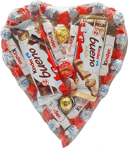 Corazon de Chocolate con Kinder Bueno, Kinder Shochobons, Kinder Chocolate y Bombones Lindt. Regalo Ideal para Parejas. [IAMI]