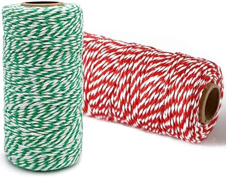 Cordel Verde Rojo y Blanco 200M, Cordel Hilo de Panadero/Cordel de Carnicero/Cordel de Jardín 2 Rollos, Cuerdas y Cordeles Decorativo de Colores para Envolver