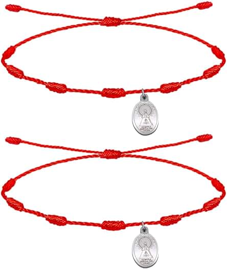 Cotigo Pulsera 7 Nudos Roja con Amuleto en Acero-Suerte y Proteccion-Pulsera Mal de Ojo para Parejas y Amistad-Bisutería Ajustable-Pulsera Hilo Rojo para Mujer y Hombre