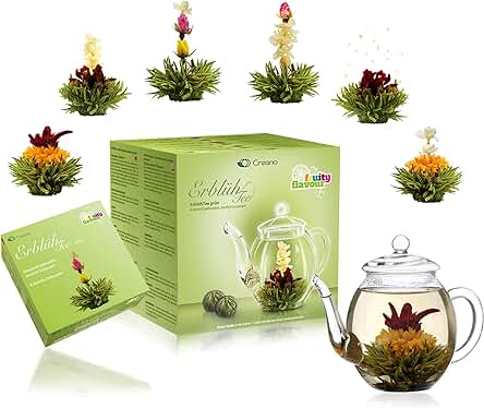 Creano Juego de Regalo de Flores de té ErblühTee con Tetera de Cristal té Verde Sabor Afrutado (rosas de té en 6 Variedades), Regalo de té para Mujer, Madre, Amantes del té Té Verde Juego de 7 Piezas