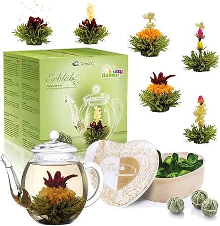 Creano Set de Regalo ErblühTee, Mezcla de Flores de té en caja de Madera con Forma de Corazón - 6 Tipos de té Verde Incl. Tetera de Cristal 500ml, Regalo para Mujer, Madre, Amantes del té Té Verde