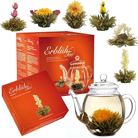 Creano - Un Mix de Flores de Té - "Flower Tea" Set de Regalo con Jarra de Cristal 500ml | Té Blanco (6 Rosas de té, 6 Tipos Diferentes)