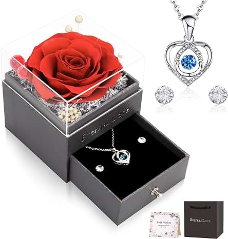 CSYY Rosa Eterna, Caja de Rosa Real Natural Preservada con Collar de Corazón y Aretes de Botón, Regalo del Dia de la Madre, Mujer Novia Aniversario San Valentin Navidad