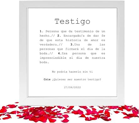Cuadro para Testigos, Damas de Honor, Madrina, Padrino, Maestro de Ceremonias. de Boda. Personalizado. Incluye Marco de Madera en Blanco. Regalo Original Boda.