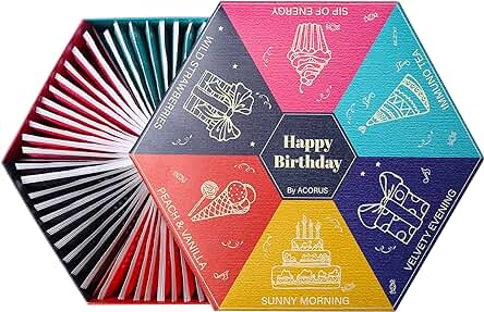 Cumpleaños Feliz por ACORUS - Juego de té para un Cumpleaños para Todos los que nos Importan. Selección de tés de Frutas, Hierbas y Negros con Cálidos Deseos Escritos en la Caja.
