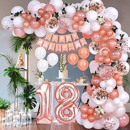 Decoracion 18 Cumpleaños Chica Mujer, Globos de Cumpleaños 18 Años Oro Rosa Arco Guirnalda Globos Fiesta Regalos Photocall Cumpleaños Decoracion, Ballons Blancs, Ballons de Confettis, Pompons