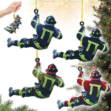 Decoraciones de Navidad Bombero, 4 Piezas Colgante de Bombero para árbol de Navidad, Bombero Árbol de Navidad Adornos Colgantes de Acrílico, Adornos Uniforme de Bombero, Adorno de Bombero Acrílico