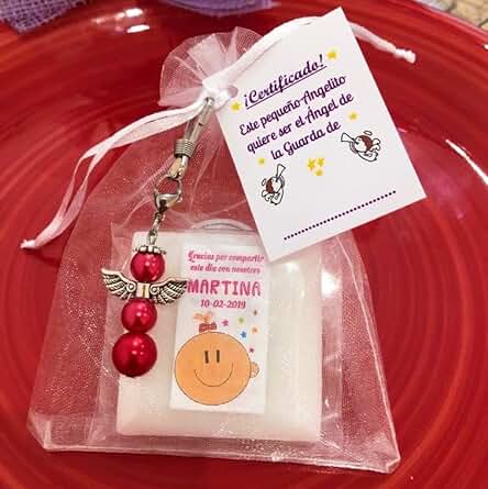 Detalles de Bautizo 15 Jabones Personalizados + 15 Colgantes de Ángel de la Guarda Surtidos + 15 Bolsas de Organza + 15 Tarjetas Recuerdos, Regalos Bautizo Para Invitados