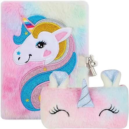 Diario de Niña con Candado, Comius Sharp Diario de Unicornio de Peluche Rosa Que Incluye Cuaderno y Bolsa de Unicornio, Regalo de Niña Unicornio para 5 6 7 8 9 10 11 Años