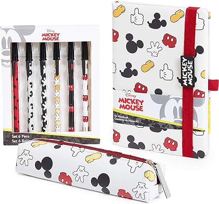 Disney Cuaderno de Notas Mickey Mouse, Suministro Escolar Kawaii con Cuaderno A5, Estuche Kawaii y lote Bolígrafo, Papelería de Oficina o Escolar, Niña o Adulto, idea de Regalo para Mujer, Niño o