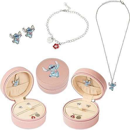 Disney Stitch Pulseras Niña - Aretes, Pulsera Niña y Collar - Incluye una Caja de Joyería de Viaje - Regalo Original Niña Navidad