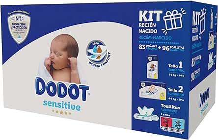 Dodot Sensitive Kit Recién Nacido: 44 Pañales Talla 1 (2-5 Kg) + 39 Pañales Talla 2 (4-8 Kg) + 96 Toallitas Aqua Pure