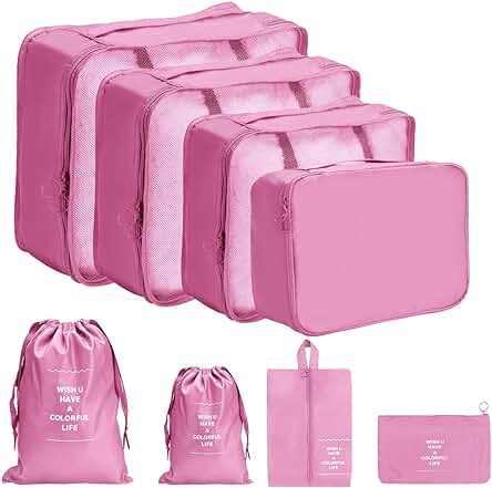 DoGeek- 8 en 1 Set de Organizador de Equipaje Perfecto para Viaje con Bolsa de Zapato,Impermeable Organizador de Maleta Bolsa para Ropa Sucia de Viaje, Material Nylon (8 pcs Rosado)