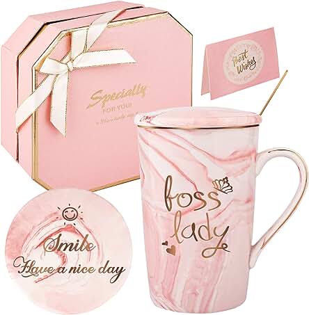 DONGSHANGIFT Boss Lady Regalos para Mujeres Taza Regalos Jefa Jefe de la Mujer de Cumpleaños Día de la Madre Regalos Tazas de Café 420ML Juego de Regalo de Cerámica de Mármol (Rosa-jefe Señora)