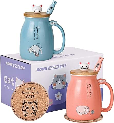 DONGSHANGIFT Juego de 2 Tazas de gato Taza de Té Gato Taza de Cerámica con Tapa y Cuchara Kawaii Tazas para Mujer 500ml Navidad Cumpleaños Taza Regalo Gato (Azul y Rosa)