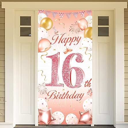 DPKOW Oro Rosa 16 Años Cumpleaños Decoración para Chica, Oro Rosa Pancarta para Chica 16 Cumpleaños Puerta Fondo Decoración, para Chica 16 Años Cumpleaños Mesa Jardín Decoración, 185 x 90cm