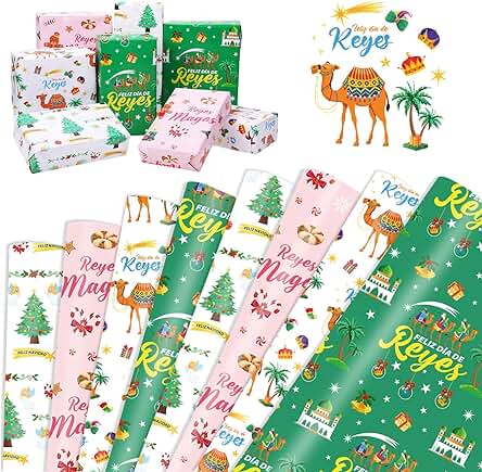 DPKOW Papel de Regalo Navidad, 8 Piezas Papel de Regalo de Reyes Magos DIY Papel de Regalo de Cumpleaños Infantil para Suministros de Fiesta de Reyes Magos Navidad, Rgalos de Intercambiar, 70 * 50 cm