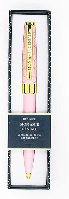 DRAEGER PARIS | Bolígrafo de Color rosa y Dorado "Mon amie Géniale" | Texto Personalizado | Tinta Negra | Idea de Regalo Cumpleaños, Fiesta para su Mejor Amiga | Caja de Regalo