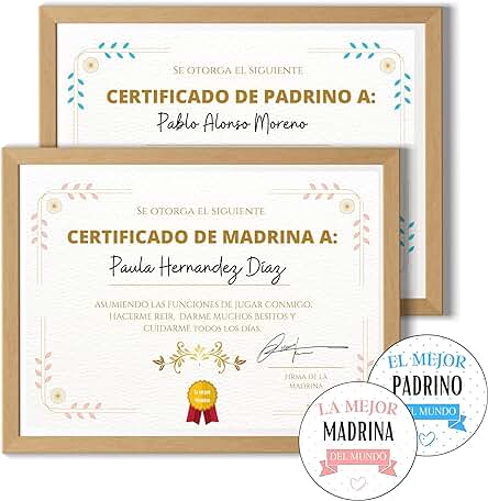 Dreamers’P - 2 Certificados de Madrina y Padrino + 2 Sobres - Regalo Padrinos Bautizo - Recuerdos de Bautizo Madrinas - Tarjetas Personalizadas Detalles Bautizo Sopresa (PADRINO - MADRINA)