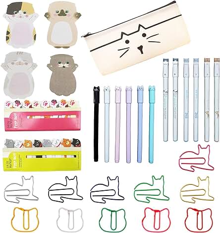 DUGYIRS 433 Piezas Gatos Juego de Papelería 360 Hojas Notas Adhesivas de Gatos Bonitos 60 Gatos Clips de Papel 12 Bolígrafos de Tinta de Gel para Oficina, Escuela, Regalos Amantes de los Gatos