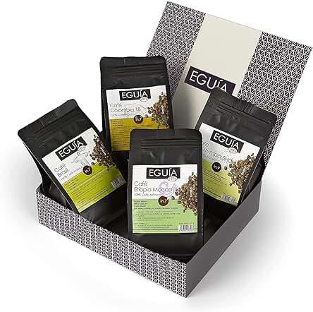 Eguia Pack de Degustacion 4× 250g-Granos de Café Espresso Arábica no Amargo y de Tueste Medio de Etiopía Colombia Guatemala y Brasil