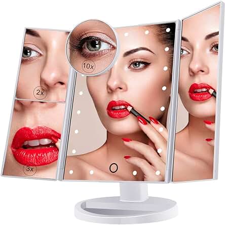 Espejo de Maquillaje Iluminado, 21 Luces LED Espejo Cosmético de Tocador, Pantalla Táctil de Aumento Tri-Fold 2X 3X 10X de Aumento, Rotación Libre de 180 °, Fuente de Alimentación Dual Blanco