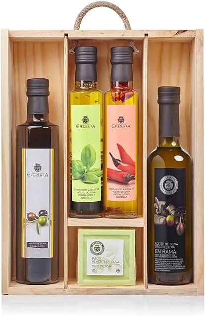 Estuche Regalo Grande de Madera de La Chinata - Aceite de Oliva Virgen Extra, AOVE en Rama, Condimento de Albahaca, Condimento de Guindilla y Jabón al Aceite de Oliva - ENOVINOS